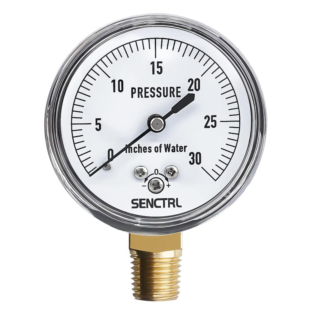 SENCTRL 0-30 Inches of Water Column Gauge, Low Pressure Capsule Gauge, 2-1/2" Dial Size, 1/4" NPT Lower Mount, Zero Adjustment, for Air Water Gas Pressure Test