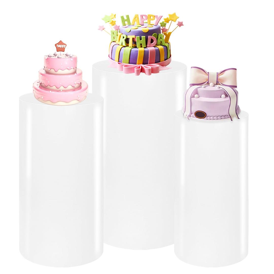 HAISIWLKJ 3PCS Cylinder Pedestal Stands for Parties, White Metal Round Cylinder Plinths Dessert Table Display Pillars for Birthday Wedding Bridal Baby Shower Party Decorations(Large)