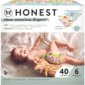 The Honest Company Clean Conscious Diapers for Sensitive Skin | Hypoallergenic, Fragrance Free | Spring '25 Limited Edition Prints | Club Box, Size 6 (35+ lbs), 40 Count
