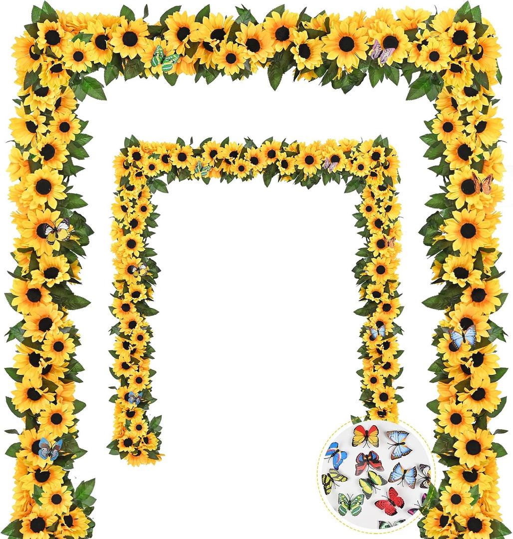 BLEUM CADE 4 Pack 30Ft Artificial Sunflower Garland Vines with 3D Butterfly, Fake Sunflowers Decor for Wedding Baby Shower Birthday Party Decorations, Yellow Flower Garland for Kitchen Bathroom Decor
