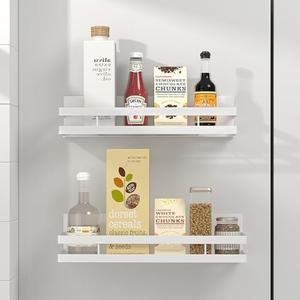 MIUGO Magnetic Spice Rack for Refrigerator 2 Pack, Moveable Magnetic Shelf for Fridge and Oven，White Magnetic Spice Rack for Kitchen Organizers and Storage, with 8 Moveable Hooks