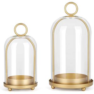 Versatile Metal Candle Holder Set with Handmade Glass Dome,Antique Brass Pillar Candle Stand, 5.2" & 4.1" Wide for Tabletop or Hanging, Industrial & Farmhouse Decor