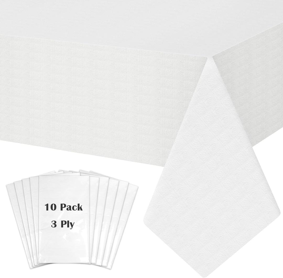 White Paper Tablecloths for Rectangle Tables 10 Pack, 54''108'' Disposable Table Cloth for 3-9 Ft Tables, Paper & Plastic Party Table Cover for Birthday, Outdoor, Wedding, Banquet