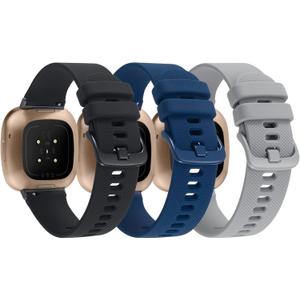 3-Pack Sport Bands Compatible with Fitbit Versa 4/Versa 3/Sense 2/Sense Band, Classic Soft Silicone Replacement Wristband Strap Accessories for Women Men(Black/Midnight Blue/Gray)