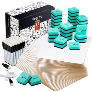 Dry Erase Lapboards 32 Pack, Double-Sided Small White Board for Classroom Student, 9"x12" Portable Dry Erase Board Bulk, Mini Whiteboard with 36 Pens, 36 Erasers & 36 Pen Holders, for Teacher Supplies