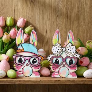 Leinuosen 2 Pcs Easter Decorations Coquette Bow Wooden Bunny Couple Happy Easter Table Centerpiece Signs, Cute Rabbit with Glasses Wood Decor for Home Office Gifts Party Supplies