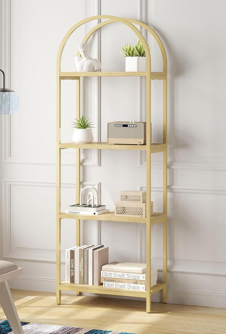 Bookshelf Arched Bookcase, Industrial 4-Tier Open Shelves with Metal Frame, 72" Tall Freestanding Storage Display Rack for Home Office, Living Room, Gold & Nature Wood, Easy Assembly