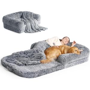 EHEYCIGA Foldable Human Dog Bed, Orthopedic Memory Foam Human Sized Dog Bed, Waterproof Pet Bed for People, Faux Fur Pet Couch for Adult, Grey, 72"x44"x11" (72x44x11(Folded 44x36))