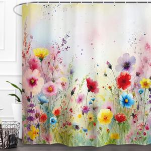 Baccessor Spring Summer Floral Shower Curtain Colorful Romantic Watercolor Wildflower Shower Curtain Polyester Fabric Bathroom Bath Home Decor Waterproof Weighted with Hooks 72 W x72 H Inch