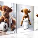 Framed Funny Highland Cow Canvas Wall Art Set of 3, Cute Bathroom Animal Wall Decor Paintings, Rustic Cow Pictures Prints Farmhouse Home Decor for Restroom Toilet 16x24 inch