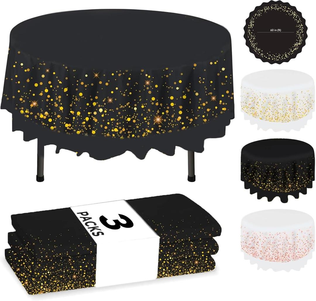 NORZEE 3-Pack Black Disposable Plastic Tablecloths, 84" Plastic Table Cloth, Round Table Cover Black Gold CONFETY (Black Gold)