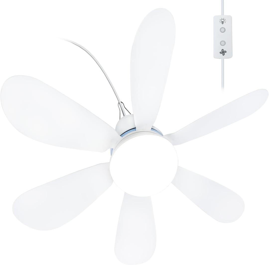 Silent USB Powered Ceiling Fan with Light, Small Plug in Ceiling Fan Mini Hanging Fan with Light for Camping Cruising RV Tent Canopy Room Bed Indoor
