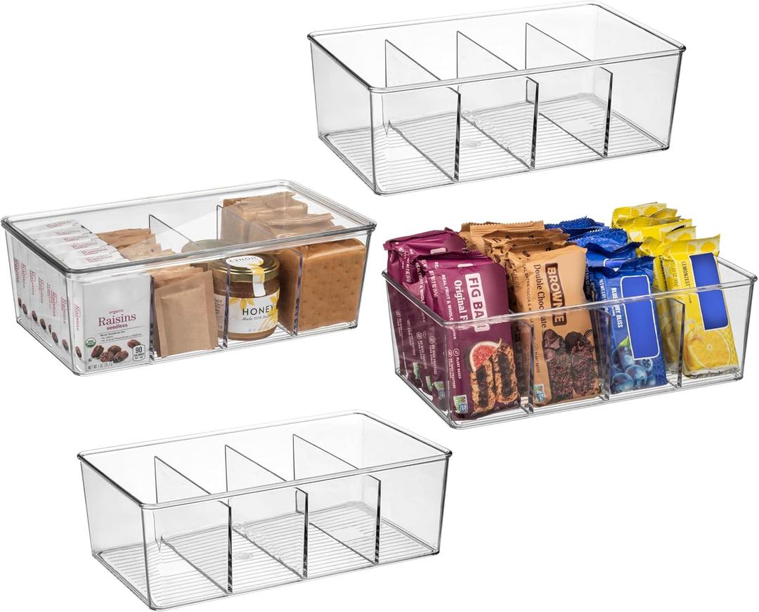 ClearSpace Plastic Pantry Organization and Storage Bins with Dividers & Lids  Perfect Kitchen Organization or Kitchen Storage  Fridge Organizer, Refrigerator Bins, Cabinet Organizers, 4 Pack