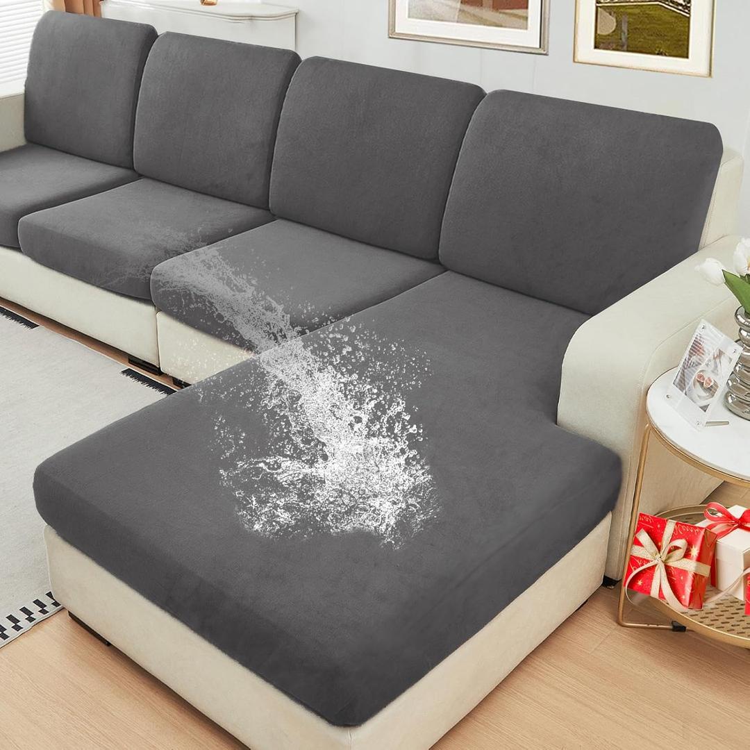 NAISI Waterproof Couch Cushion Covers Thick Velvet Fabric Washable Sofa Slipcovers Sectional Couch Covers for 3 Pieces Separate L Shape Couch Cover with Elastic Bottom(2 Seater + 1 Chaise,Grey)