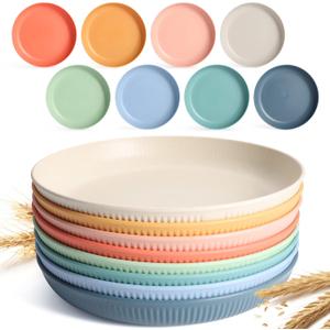 8 PACK 9 Inches Lightweight Wheat Straw Plates,Wheat Straw Fiber Lightweight Unbreakable Dinner Plates, Microwave and Dishwasher Safe, Plates Easy to Clean & Reusable (Colorful)