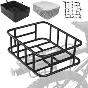 Fitense Rear Bike Rack with Basket Bicycle Cargo Rack with Waterproof Cover, Liner and Cargo Net, Bike Storage Basket for Double  Rod Rear Fork for 26"  29" and 700c Bikes