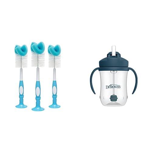 Dr. Brown's Baby Bottle Cleaning Brush Sponge and Scrubber Blue - 3-Pack & Milestones Babys First Straw Cup, Training Cup Weighted Straw, Dark Blue, 6m+ 3-Pack