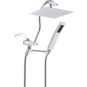 Hibbent All Metal Shower Head, 8'' High Pressure Rainfall Shower Head, Showerhead Combo, Handheld Shower Wand, 12'' Adjustable Curved Shower Extension Arm, 71'' Hose, Shower Head Holder, Chrome