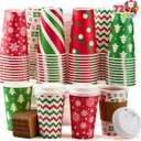 JOYIN 72 PCS Christmas Disposable Party Paper Cups, 16 oz Merry Christmas Coffee Cups With Sleeves and Lids, 6 Designs Xmas Tea Drinkware, Beverages Tableware Holiday Supplies Favors