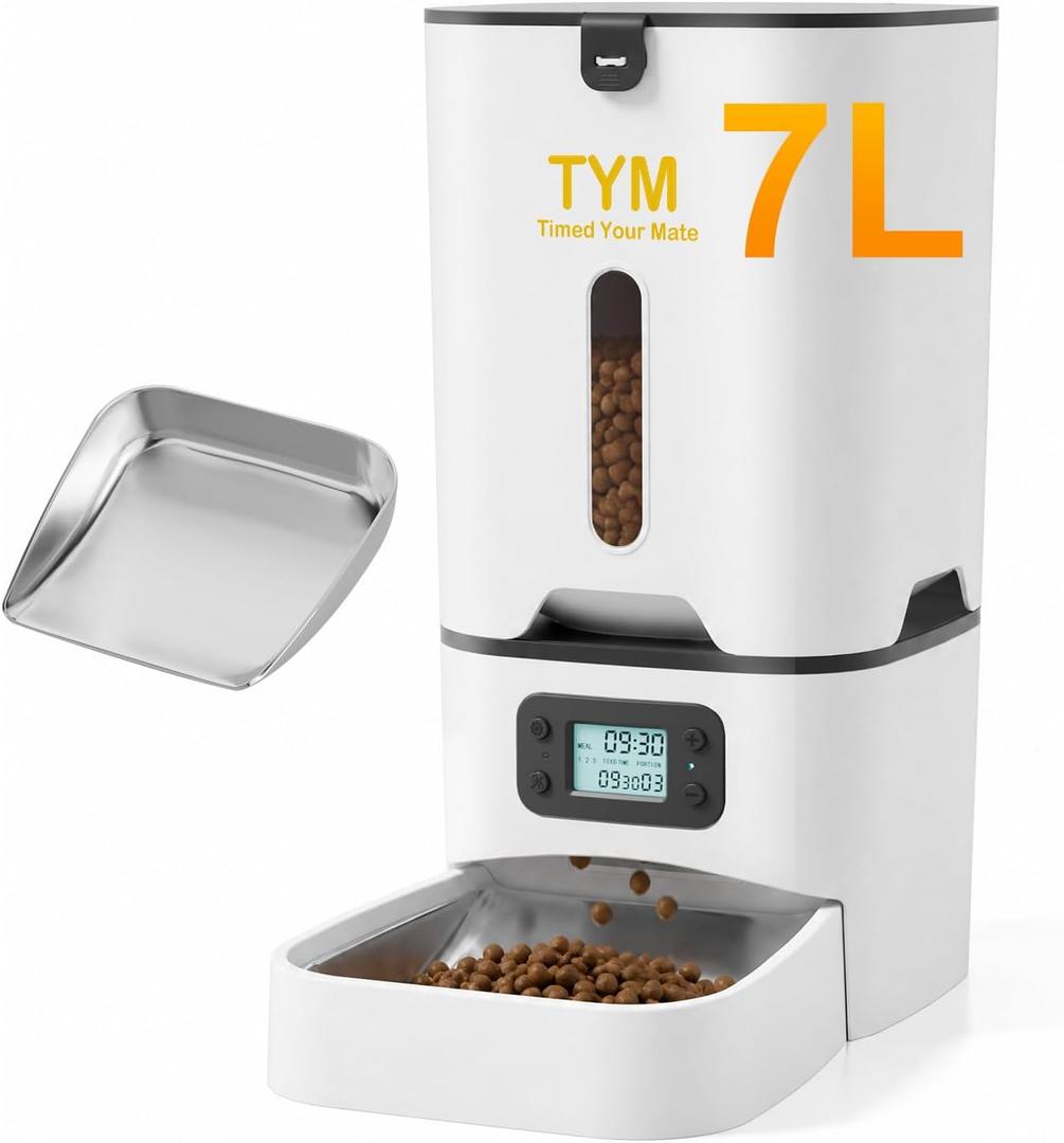 TYM Automatic Cat Feeder, 7L Large Capacity Cat Food Dispenser with Programmable Timer, Portion Control up to 9 Meals/Day, Dual Power Supply, Fresh Food, Easy to Clean for Cats and Small Dogs