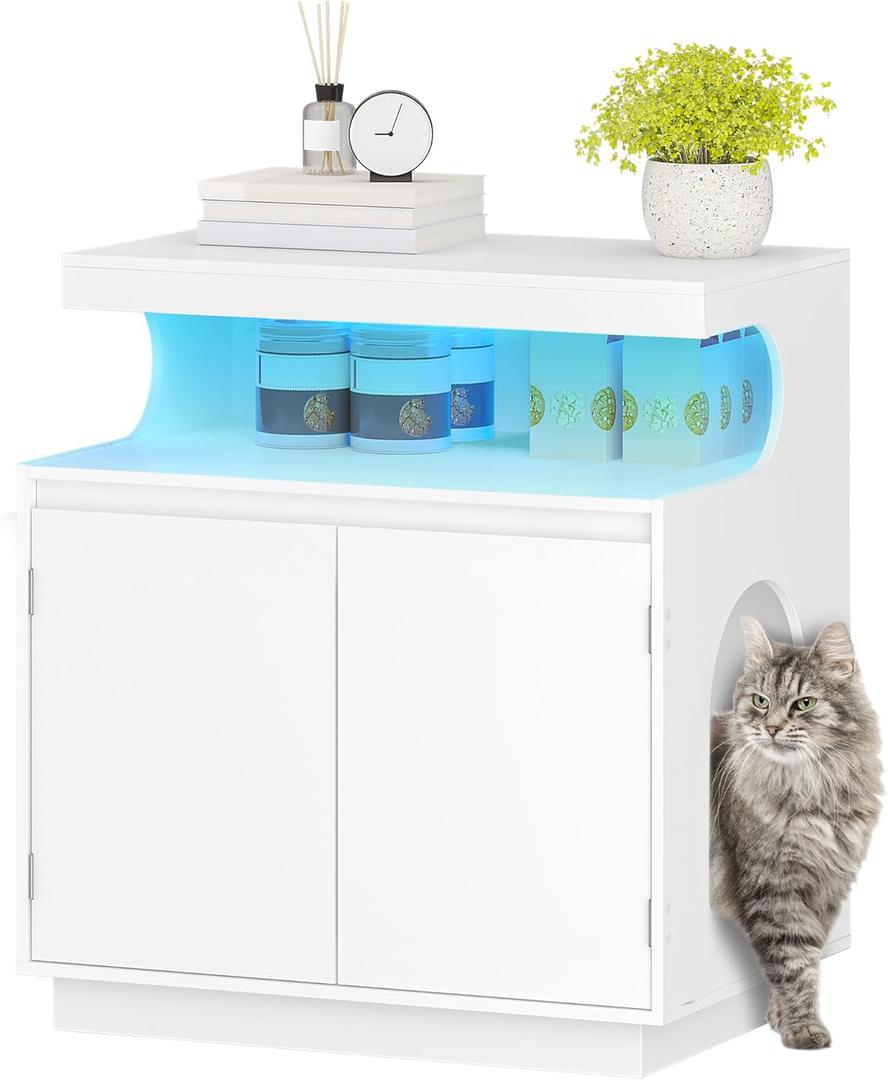 Modern Cat Litter Box Enclosure, Hidden Litter Box Cabinet Furniture with Storage, Wooden Indoor Cat House with LED Light, 26.8 Wide Side Cabinet, Nightstand, for Living Room, White CB85803X