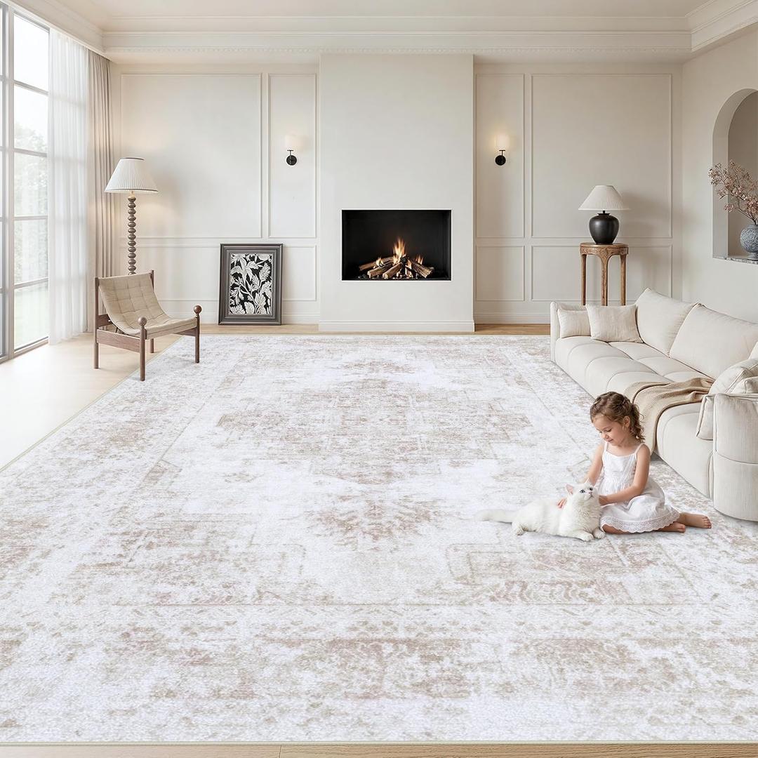 XLUEZ Area Rug 10x12 Living Room Rug, Machine Washable Vintage Distressed Medallion Rug Non-Slip Soft Low Pile Large Indoor Rugs for Bedroom Kitchen Dining Room Office(Beige,10'x12')