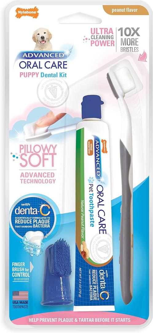 Nylabone Advanced Oral Care Puppy Dental Kit with Pillowy Soft-Bristle Toothbrush Peanut Butter (3 Count)