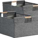 2PCS Storage Bins Cotton Linen Fabric Storage Boxes Basket with Wooden Handles Foldable Washable Decorative Shelf Container Clothes Organizer Home Laundry - Small Size, Gray
