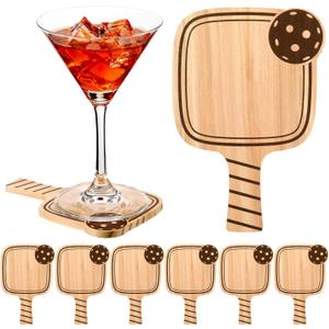 Hushee 6 Pcs Wooden Dinkball Drink Coasters Funny Coasters Set Paddle Shape with Handle Gifts for Women Men Sports Lovers Fans Home Office Bar Party Favors Decorations Accessories (Wood)