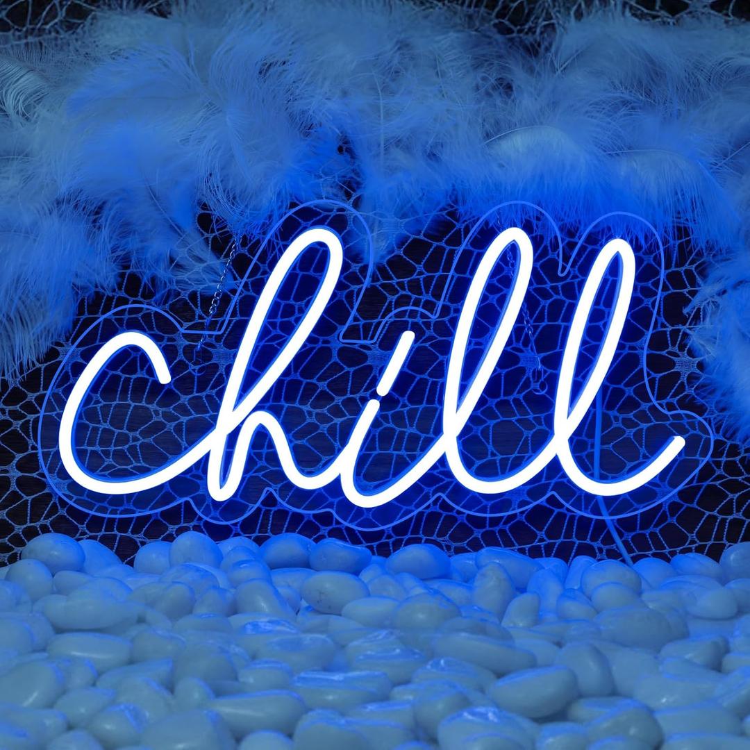 Wanxing Chill Neon Sign Blue Led Sign Chill Neon Wall Sign 14'' x 7'' Led Word Lights for Wall Decor Neon Light for Bedroom USB Powered Switch Light up Sign for Bar Hotel Game Room