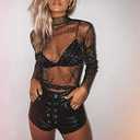 Women Y2K Sexy Sheer Mesh See-Through Shirts Long Sleeve Turtleneck Sparkle Tee Blouse Tops Clubwear (Small)