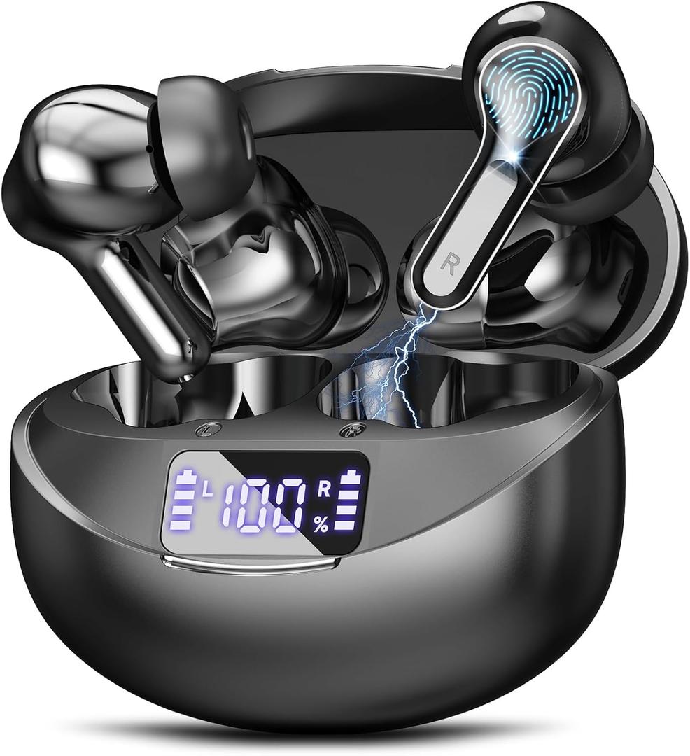Wireless Earbuds, Bluetooth 5.4 Headphones HiFi Stereo 50H Playback LED Digital Display Ear Buds with ENC Noise Canceling Headset, IPX7 Waterproof Earphones for Running/Workout (Black)