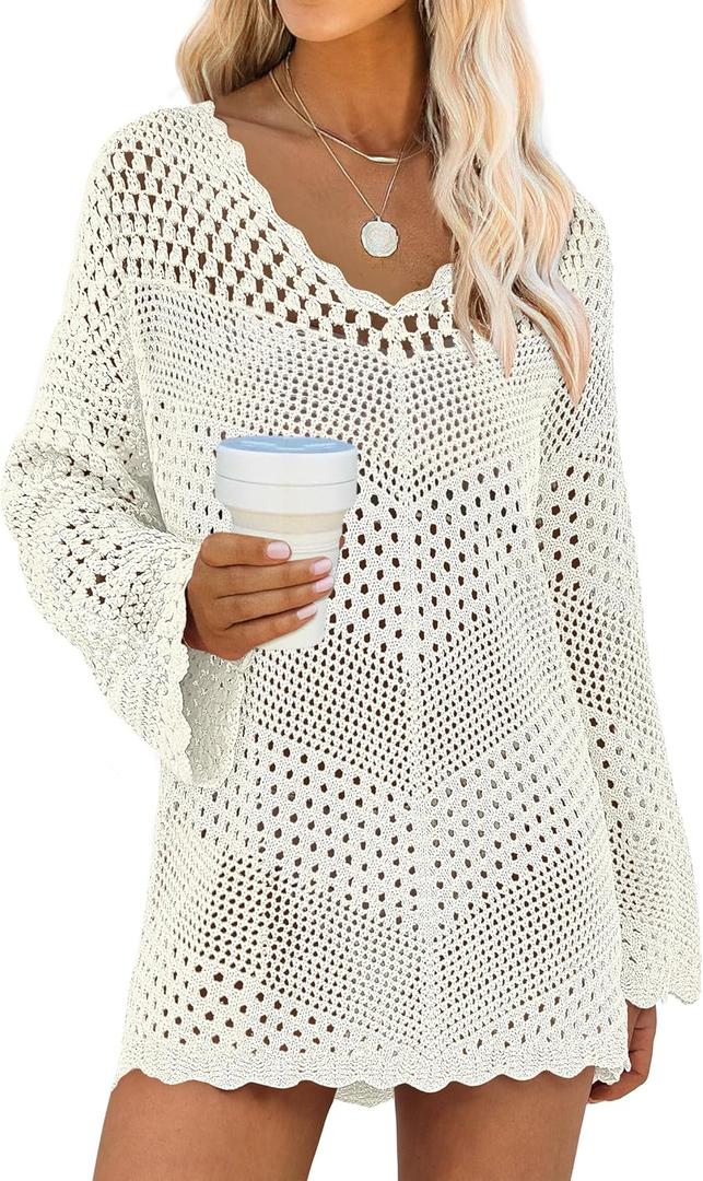 ANRABESS Swimsuit Cover Up for Women Crochet Bathing Suit 2026 Summer Swimwear V Neck Mesh Knit Beach Dress Vacation Outfits (White, S)