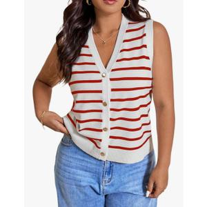 Women's Plus Size Old Money Vest Tops 2025 Striped Sleeveless Button Up Sweater Vests, 2XL Women's Plus Size Old Money Vest Tops 2025 Striped Sleeveless Button Up Sweater Vests, 2XL