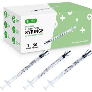 50 Pack 1mL Luer Lock Syringe without Needle 1cc Small Plastic Sterile Syringes Individually Wrapped