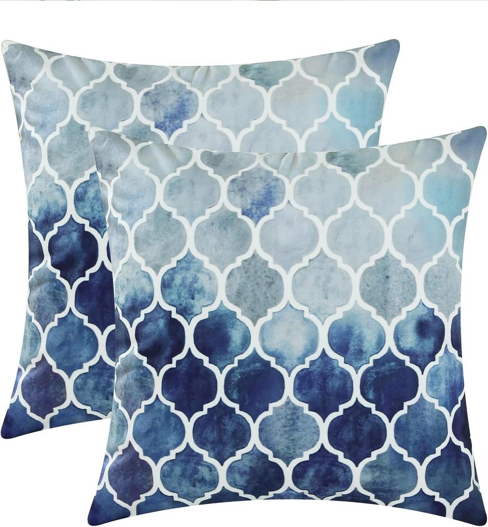 CaliTime Cushion Covers Cushion Cover Pack of 2 Cosy Cushion Covers for Couch Bed Sofa Hand Painted Colourful Geometric Grid Chain Print 50 cm x 50 cm Main Grey Navy Blue