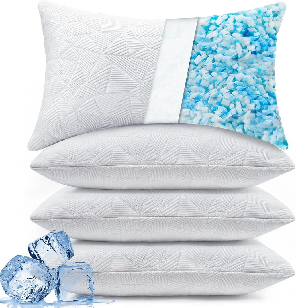 BETU Cooling Pillows Standard Size Set of 4, Shredded Memory Foam Bed Pillows, Adjustable Firm Support Cool Pillow for Neck Pain and Side Sleeping, White, Standard Size Pack of 4