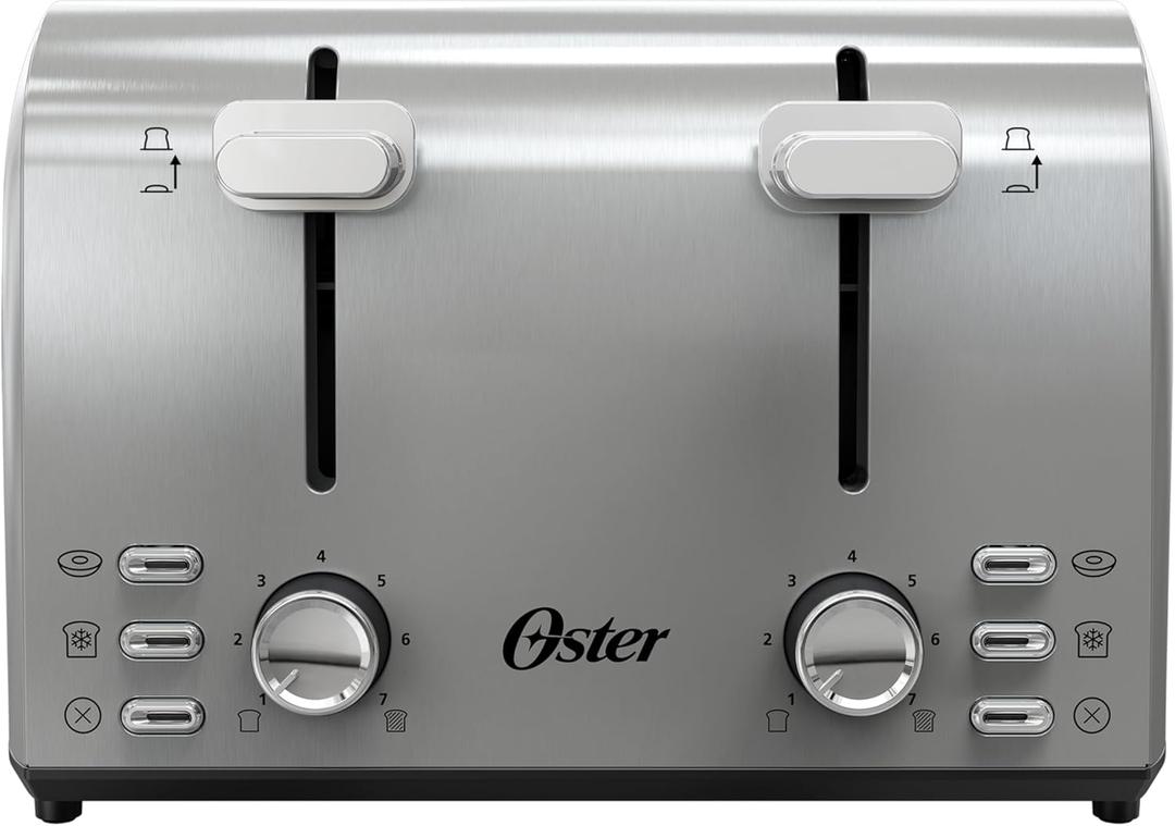 Oster 4 Slice Toaster, With 7 Browning Settings, Extra Wide Slots For Bagels and Special Breads, Removable Easy-to-Clean Crumb Tray, Cancel/Defrost/Bagel, Stainless Steel