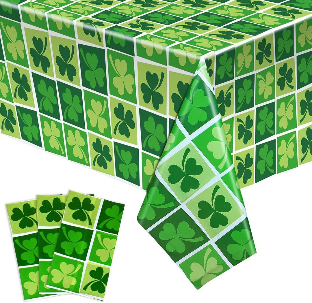 Tegeme 3 Pieces St. Patrick's Day Tablecloths Decoration Plastic Irish Shamrock Table Covers Disposable Waterproof Green Shamrock Table Cloth for St. Patrick's Day Party Supplies (54 x 87 Inch)
