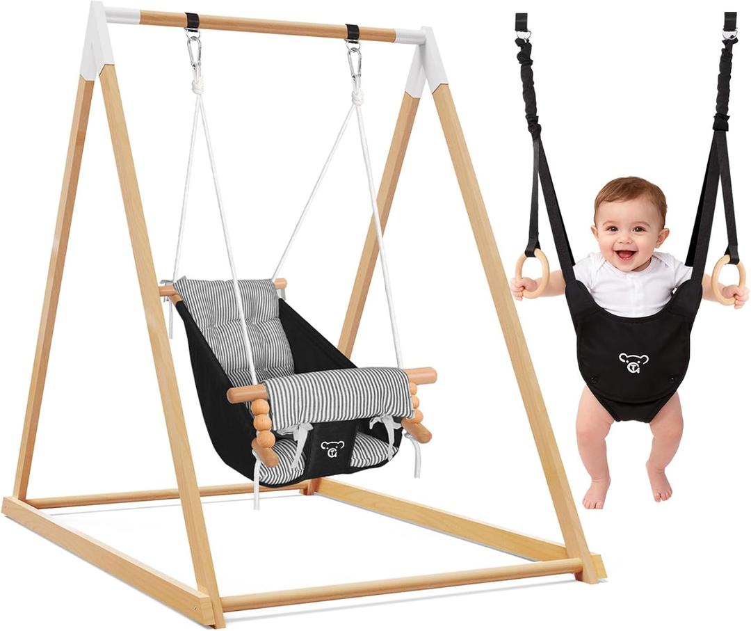 2-in-1 Baby Jumper & Swing, Montessori Wooden Toddler Swing Set with Stand for Indoor/Outdoor, Baby Bouncer Jumper & Hammock Swing with 5-Point Harness, Suitable for Children Ages Up to 3 Yrs