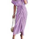 Satin Shirt Dress Women Short Sleeve Summer Fomral Cocktail Party Wedding Guest Dresses Purple S