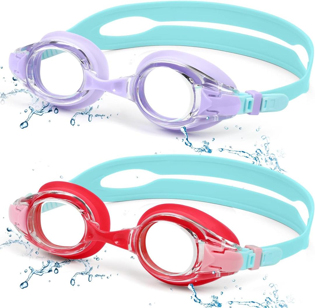 Aegend 2 Pack Kids Goggles, Swimming Goggles for Kids Age 4-16 Boys and Girls Youth, Anti-Fog Waterproof Anti-UV Pool Goggles (Light Purple & Red)