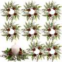 9 Pcs 8" Christmas Candle Rings Wreath Snowy Pine Garland Artificial White Berries and Pine Cones Wreaths Candle Ring Holder for Christmas Wedding Festive Home Table Decoration