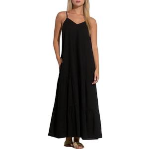 ELAN Women's Tulum Tiered Spaghetti Strap Maxi Dress Black L
