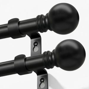 Modern Black Curtain Rods 2 pack for Windows 28 to 48 Inches Adjustable Length Heavy Duty 1" Diameter Short Window Curtain Rod with Round Decorative Finials for Bedroom Living Room Kitchen Farmhouse