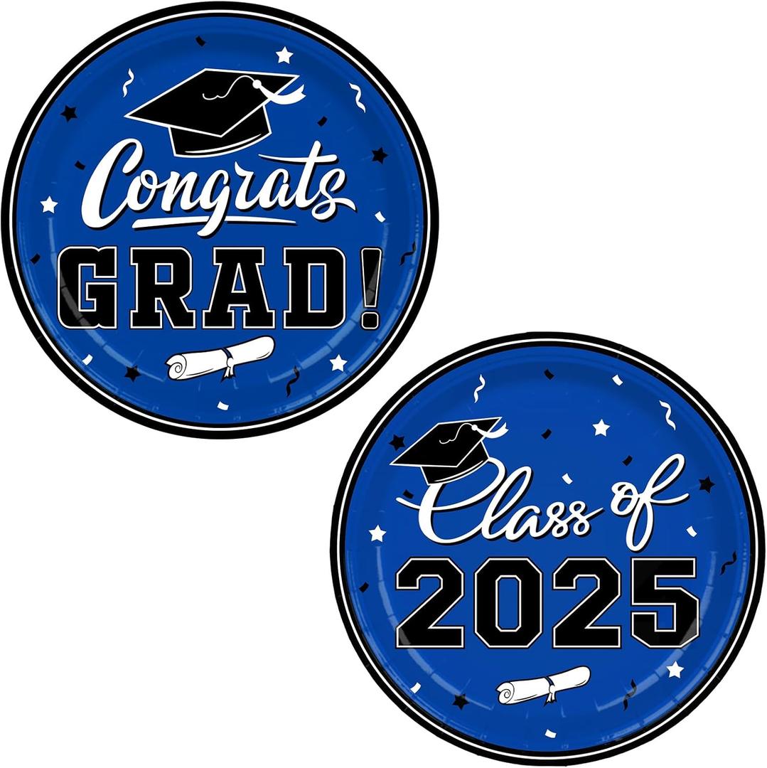 Gatherfun Graduation Party Dinnerware Blue Disposable Paper Plates for Congrats Grad Party Decorations, Serve 80