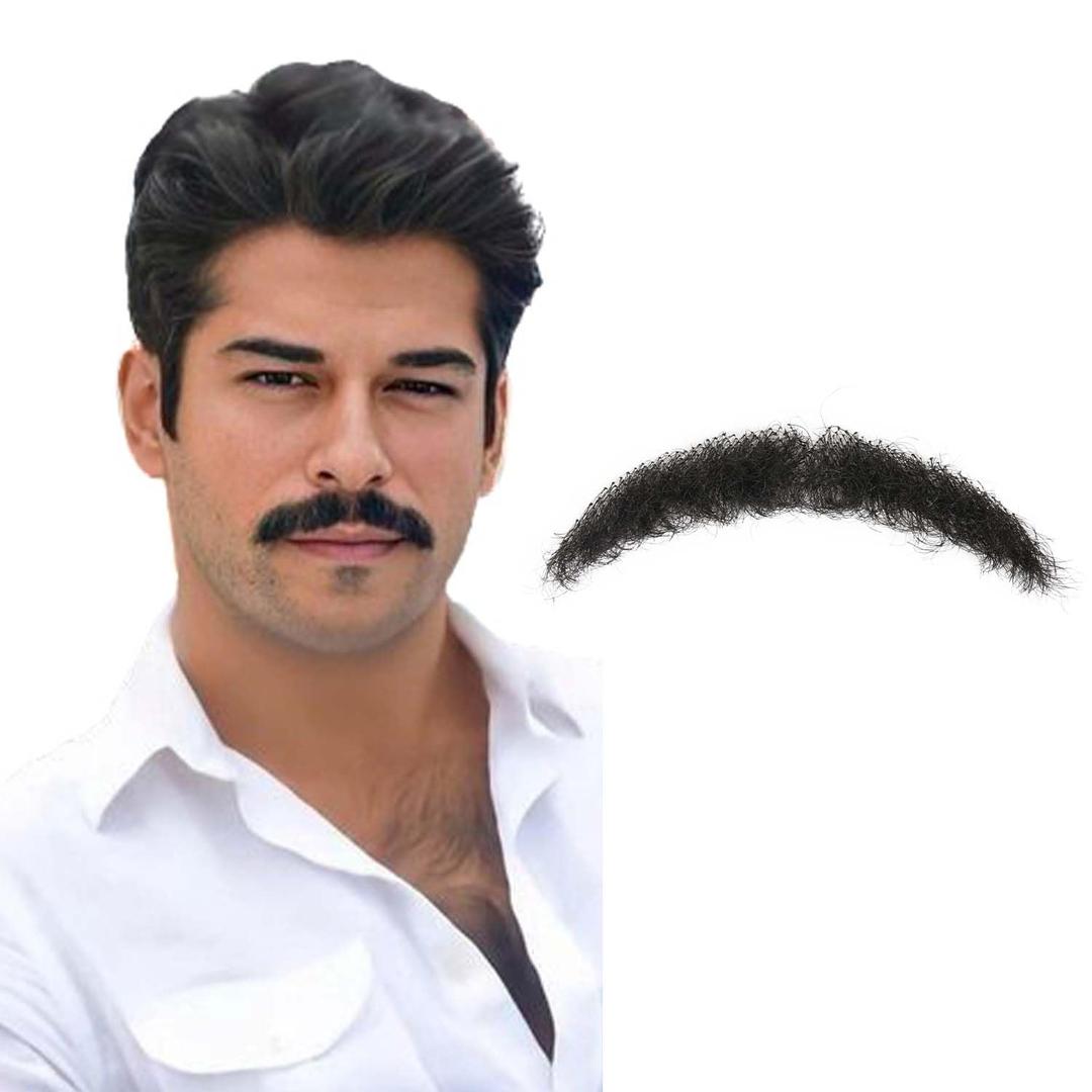Gx Beauty Fake Realistic Mustache, 100% Human Hair Full Hand Tied Fake Beard, Resilient and Long-Lasting, Lace Invisible Fake Facial Hair for Cosplay, Halloween Costumes, and Drama Movie Makeup(Black)