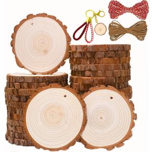 SENMUT Wood Slices 30 Pcs 3.1-3.6inch Natural Rounds Unfinished Wooden Circles Christmas Ornaments for Crafts Wood Kit Predrilled with Hole Wood Coasters, Craft Supplies for DIY and Painting