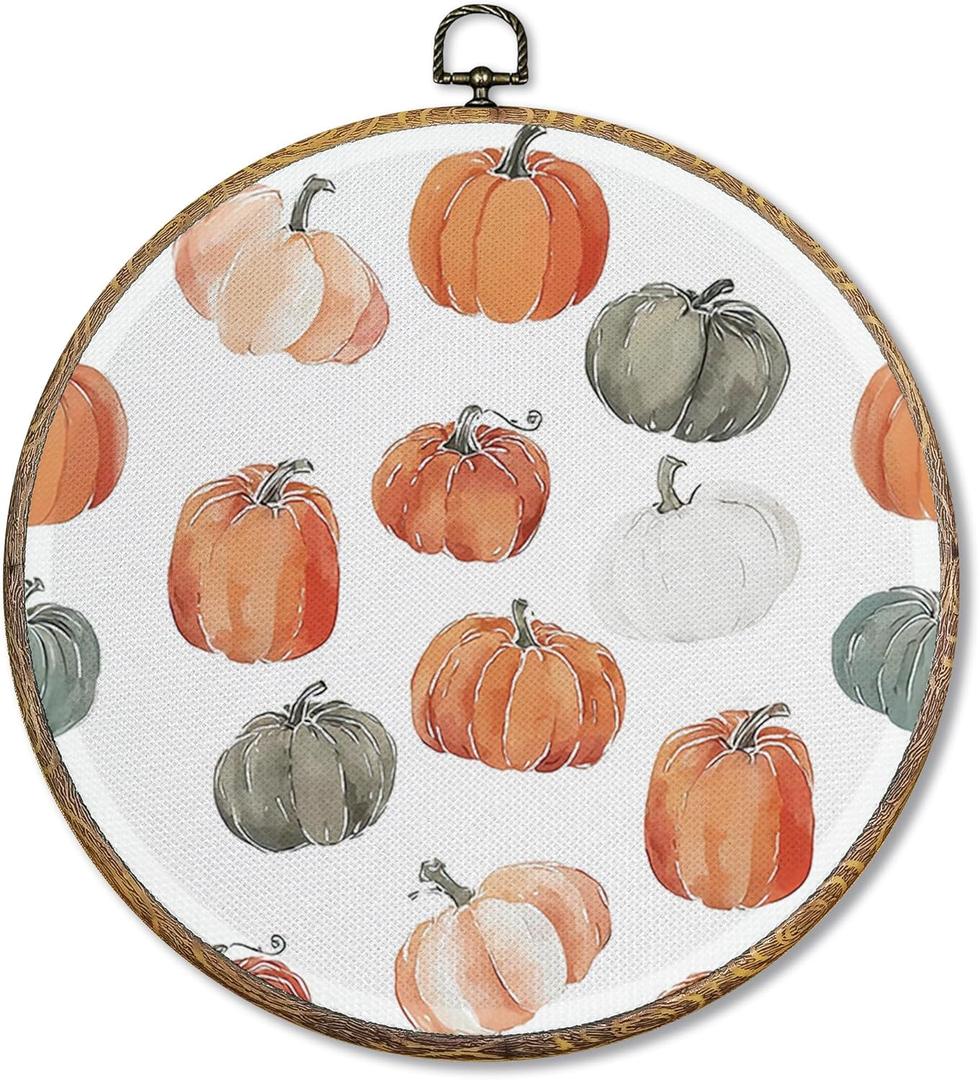 Sufamb Rustic Fall Pumpkin Round Wall Art Decor, Farmhouse Autumn Pumpkin Canvas Artwork Framed, Vintage Fall Wall Hanging Prints Decorations for Home Bedroom Living Room Kitchen Decor, 10x10 Inches (polychrome)