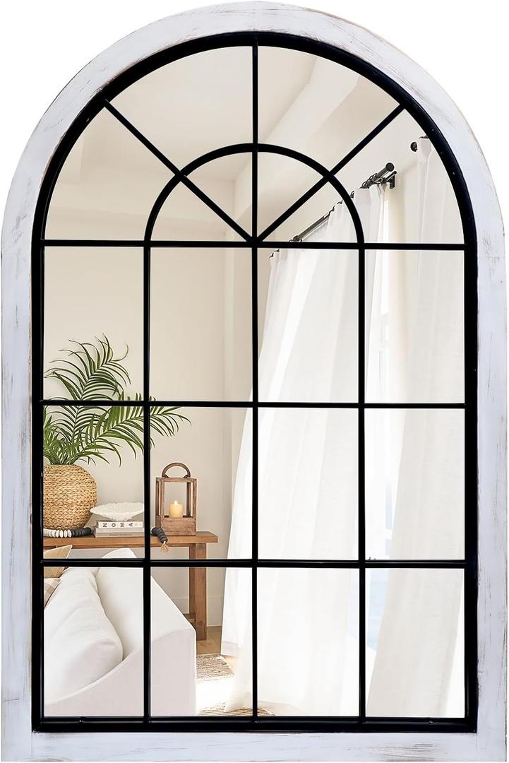 G-LEAF Arched Windowpane Wall Mirror 24"x36",Rustic Farmhouse Accent Mirror,Wood Framed Entry Mirror for Living Room,Bedroom,Kitchen (White)